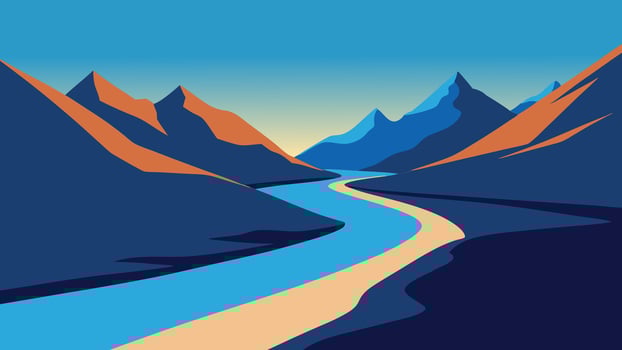 river meanders through a rocky riverbed, surrounded by majestic mountains under a clear blue sky flat illustration vector