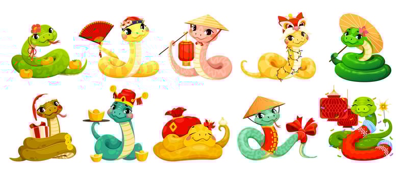 Cartoon 2025 Chinese lunar New Year funny snakes vector