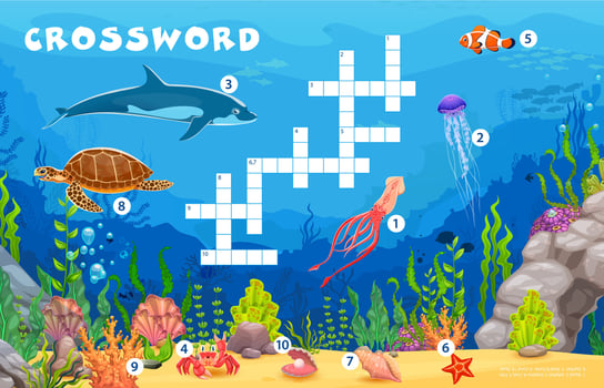 Crossword quiz game grid with underwater animals vector
