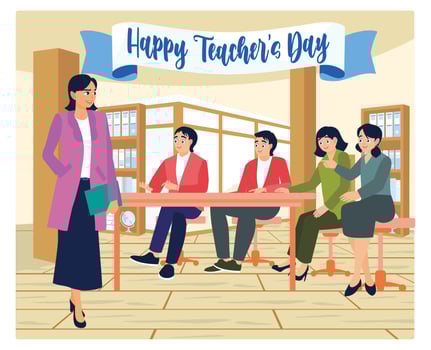 A female teacher stands in front of the class. Provide explanations to students in class. Teacher's day concept. Flat illustration. vector