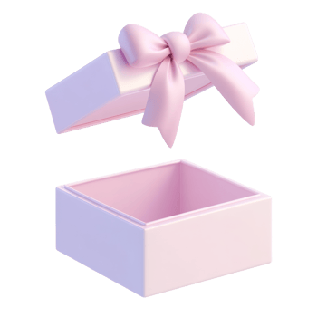 Open square gift box the lid with a bow levitates above 3D icon isolate png