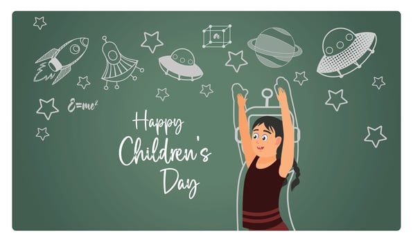 Cheerful Girl with arms raised at Children's Day celebration. Imaginative outer space doodle Background. Children's Day concept. Flat illustration. vector