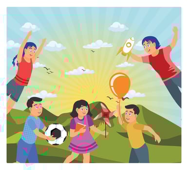Diverse children playing together outdoors. Bright natural landscape background. Children's Day concept. Flat illustration. vector