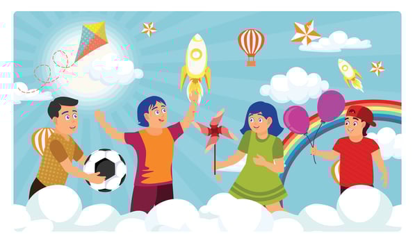 Happy children playing on the clouds. Colorful children's day celebration. Children's Day concept. Flat illustration. vector