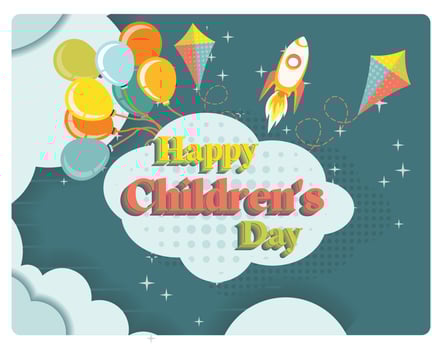Celebration of world children's day. Colorful balloons, kites, and rockets fly into the sky. Children's Day concept. Flat illustration. vector