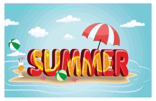 Island in the middle of the sea with summer text. Summer elements and beach umbrellas on a clear sky background. Summer concept. Flat illustration. vector