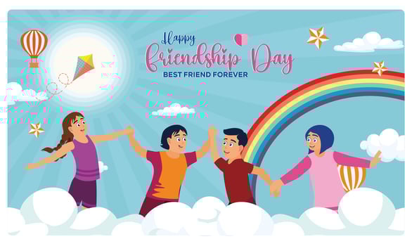 Children play together happily. Celebrating Friendship Day with white clouds and a rainbow background. Friendship Day concept. Flat illustration. vector