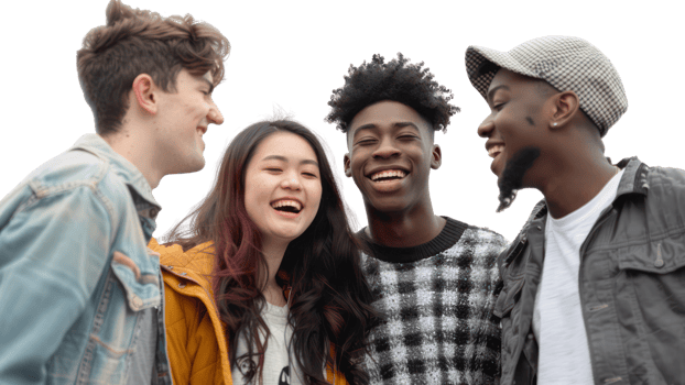Four young people smiling together png