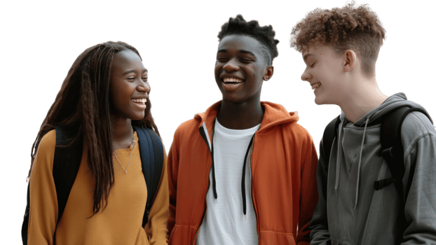 Three young people are smiling and laughing together png
