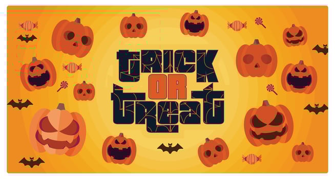 Halloween party with trick or treat. Halloween pumpkin decorations and flying bats. Halloween Party concept. Flat illustration. vector