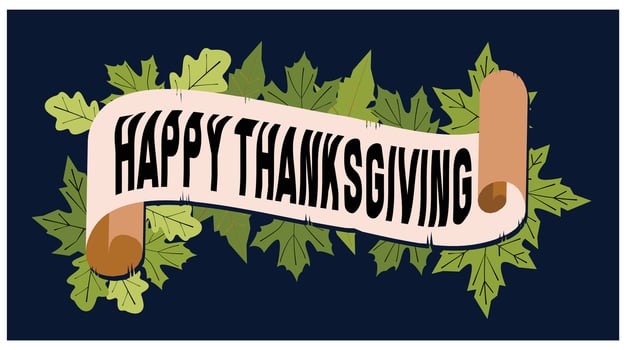 Ribbon with text Happy Thanksgiving. Autumn leaves on a dark background. Thanksgiving concept. Flat illustration. vector