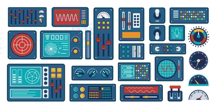 Spaceship control panel. Dashboard interface gauges, digital meters, retro futuristic sliders, console knobs and switches. Complex technology space station system UI set vector