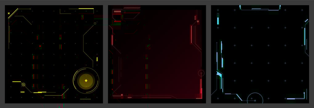 Futuristic tech backgrounds. Abstract cyber backdrop, sci fi digital interface square, high technology UI with geometric frames for game menu design. set vector