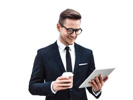 A man in a suit holding a tablet and coffee png