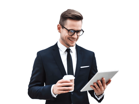 A man in a suit and glasses holding a tablet png