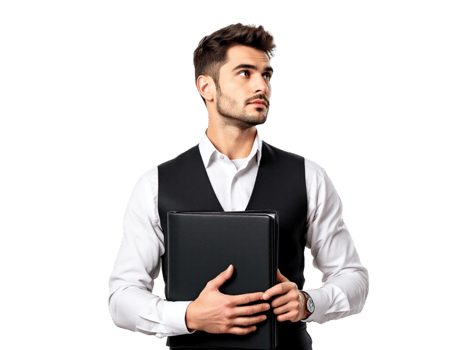 A man in a vest holding a black folder png