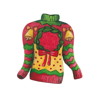 Watercolor illustration of an ugly Christmas sweater with a wreath, bells and bow. png