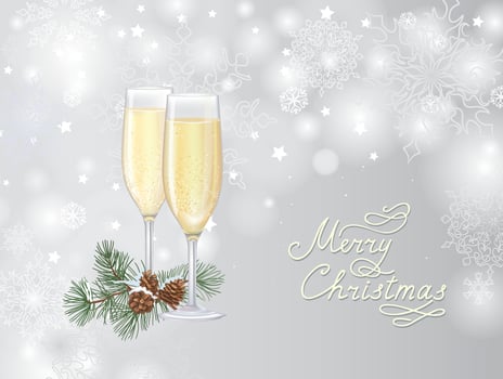 Two flute glasses filled with sparkling champagne over winter nnoel snowy blurred background.Merry Christmas greeting card with snowflakes and conifeerous branch with cone in snow vector