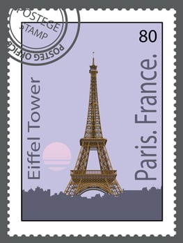 Postage stamp with the Eiffel Tower. . vector
