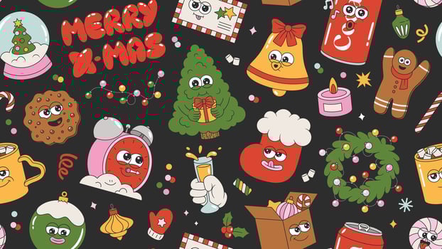 Merry Christmas and Happy New Year seamless pattern. Happy groovy cartoon elements. Pin tree, wreath, garland, gifts, balls, Santa Claus, confetti of trendy retro mascot style vector