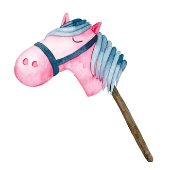 hobby horsing. watercolor illustration with a toy horse. cartoon vector