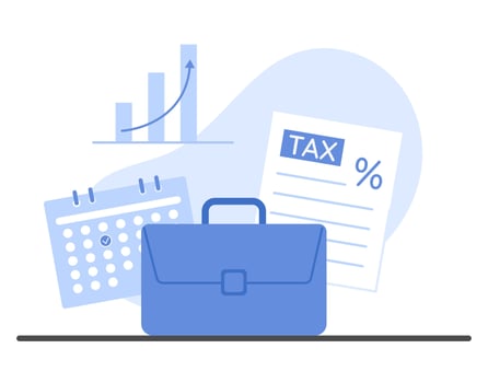 Business finance concept with a briefcase, tax document, calendar, and growth graph. Tax planning and investment illustration vector