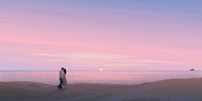 Seascape with couple of lover kissing silhouetted at cliff have twilight sky background graphic illustration. Valentine day illustrated concept have blank space. vector
