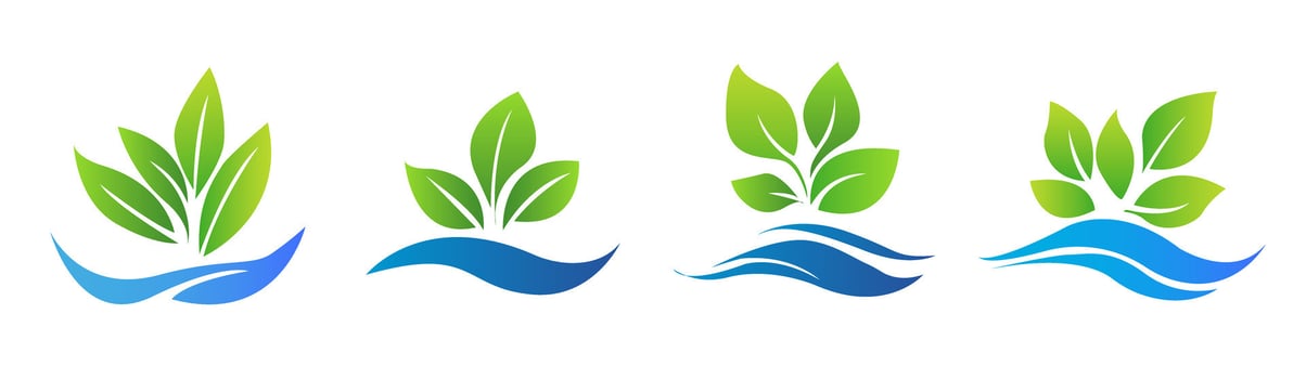 set of icons featuring green leaves above flowing blue water waves. These logos are against a white background, suitable for hydroponic, gardening, or eco-friendly branding concepts vector