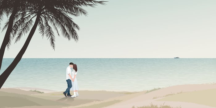 Seascape with couple of lover kissing and silhouette palm trees at the cliff graphic illustration have blank space. vector