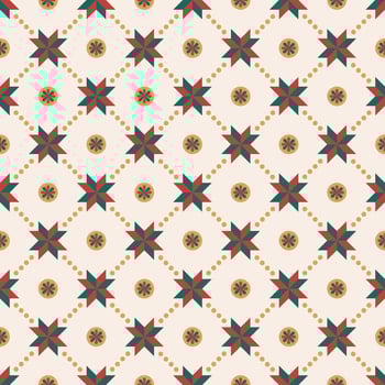 Christmas block star geometric and circle floral on beige background seamless pattern for Xmas wrapping paper, fabric and printing. vector