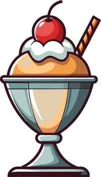 Delicious ice cream sundae with a cherry on top served in a silver dish against a light beige background vector