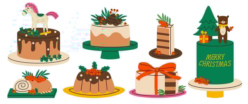 Colorful Christmas cakes set. Collection cute winter holiday pies with holly berries. Holiday pudding. Flat illustration isolated on white background. vector