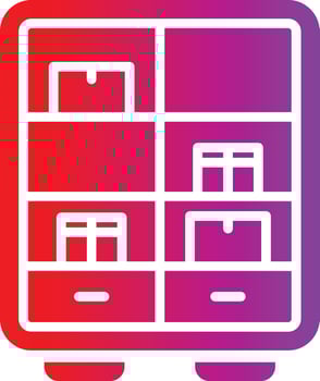 A red and purple cabinet with boxes inside vector