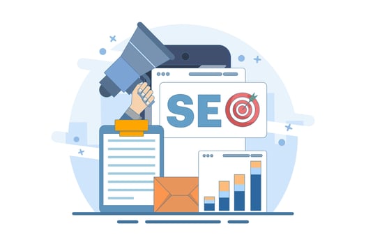 SEO Search Engine Optimization Concepts. Conceptual SEO analysis and optimization, SEO strategies and marketing for websites. vector