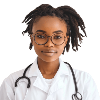 Young Female Doctor With Glasses and Stethoscope Smiling in a Clinical Setting png