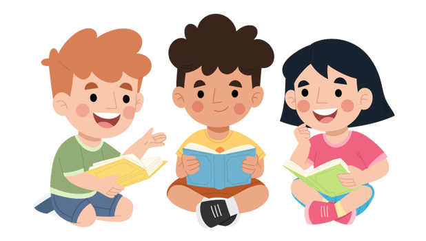 Illustration of children reading a story book together png