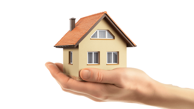 hand holding home isolated on transparency background, house in hands png