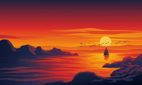 Beautiful relaxing beach sunset landscape with sailing boat and rocks vector