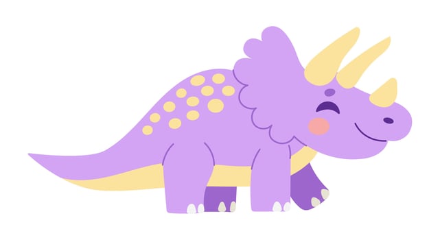 A purple dinosaur with yellow spots is smiling. It has three horns on its head. The dinosaur is walking on a white background vector