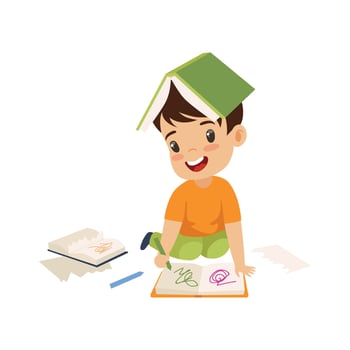 Cute Naughty Boy Ripping Pages of Book and Writing on It, Bad Child Behavior Illustration vector