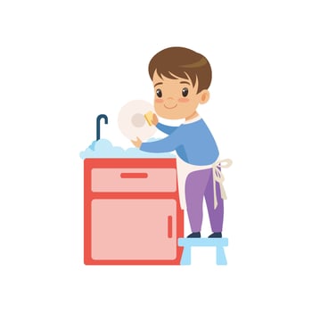 Cute Boy Washing Dishes, Kid Helping With Home Cleanup Illustration vector