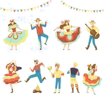 Brazilian Festa Junina Party, Happy Men and Women Dancing at Latin Holiday Festival Illustration vector