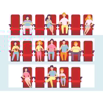 People Sitting in Cinema Hall, Men, Women and Children Watching Film, Eating Popcorn and Drinking Soda in Movie Theater Illustration vector