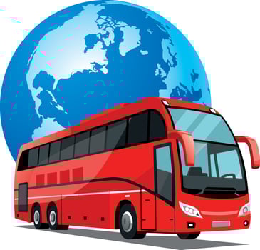 A red bus is parked next to a globe vector