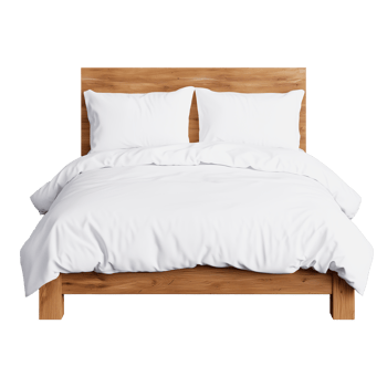Cozy Wooden Bed with Soft White Bedding and Pillows png