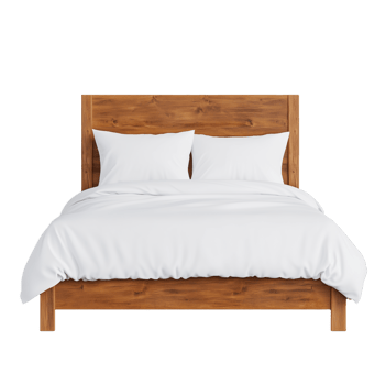 Wooden Bed Frame with White Bedding on Display png