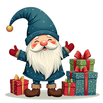 A cheerful gnome stands beside a stack of gift boxes, cutouts png