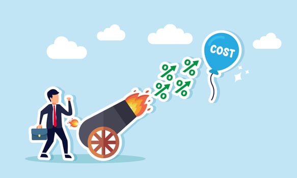 A businessman stands beside a cannon firing percentage bullets targeting a balloon labeled COST, illustration of reducing or lowering cost percentage vector