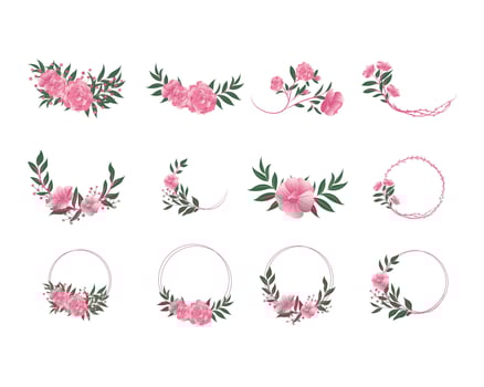 set of pink peonies flower wreath, frame, border, and corner composition element illustration for wedding invitation card vector