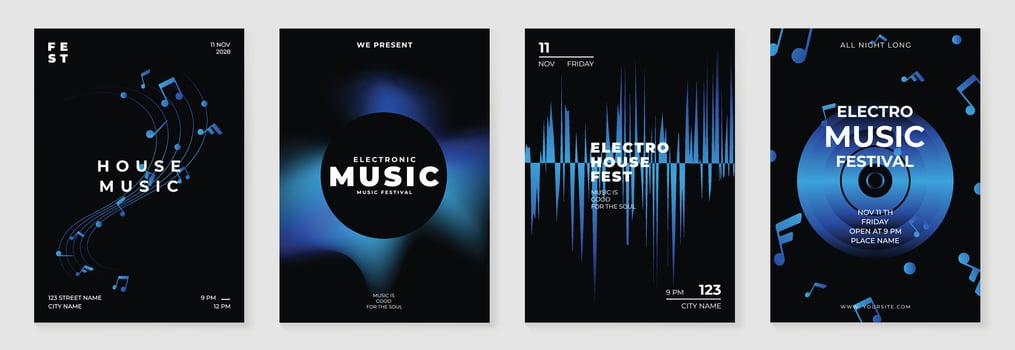 Music poster design background set. Electro Sound Cover template with vibrant abstract gradient geometric shape and line wave. Ideal design for social media, flyer, party, music festival, club. vector